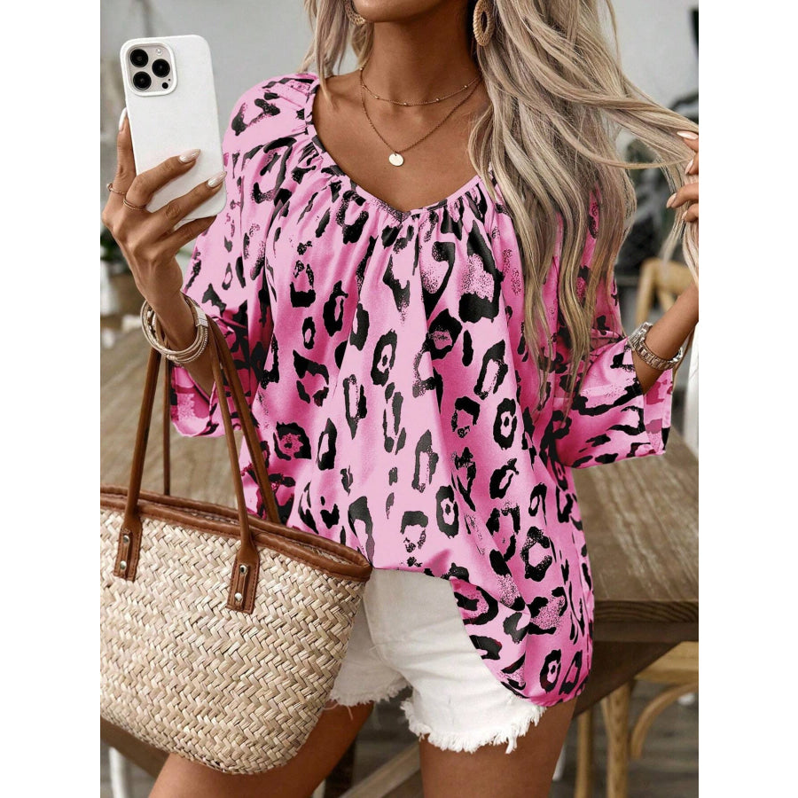 Leopard Print V-Neck Blouse Apparel and Accessories