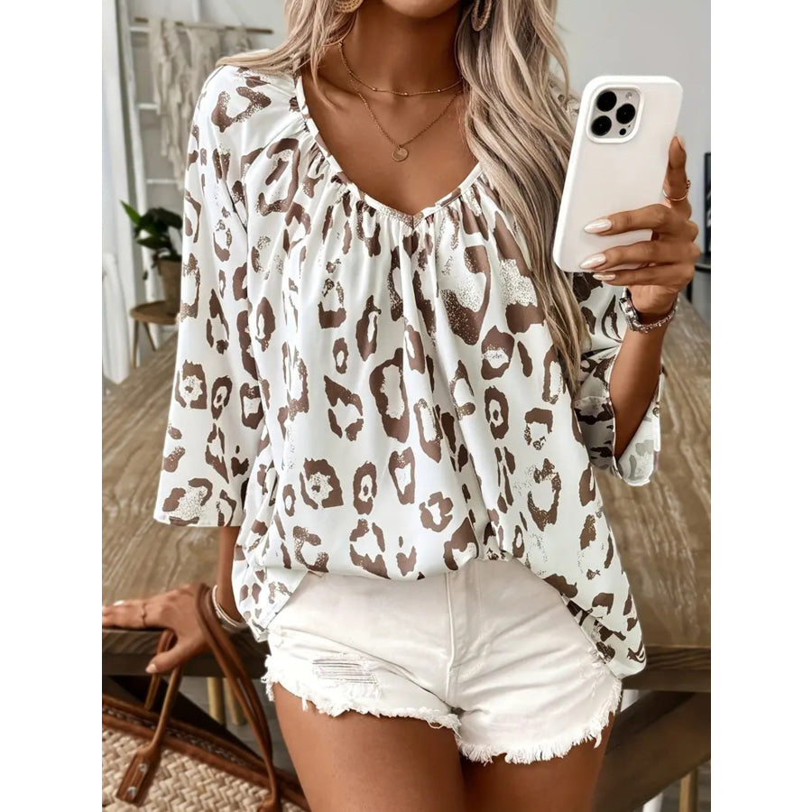 Leopard Print V-Neck Blouse Apparel and Accessories