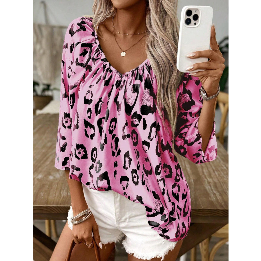 Leopard Print V-Neck Blouse Apparel and Accessories