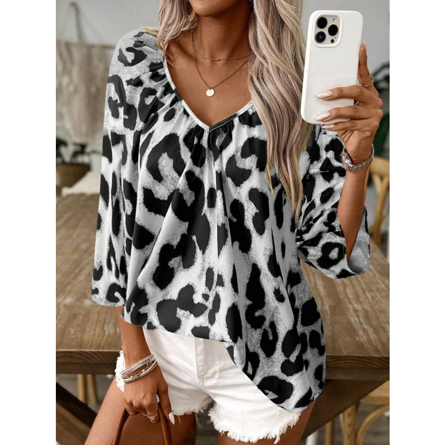 Leopard Print V-Neck Blouse Apparel and Accessories