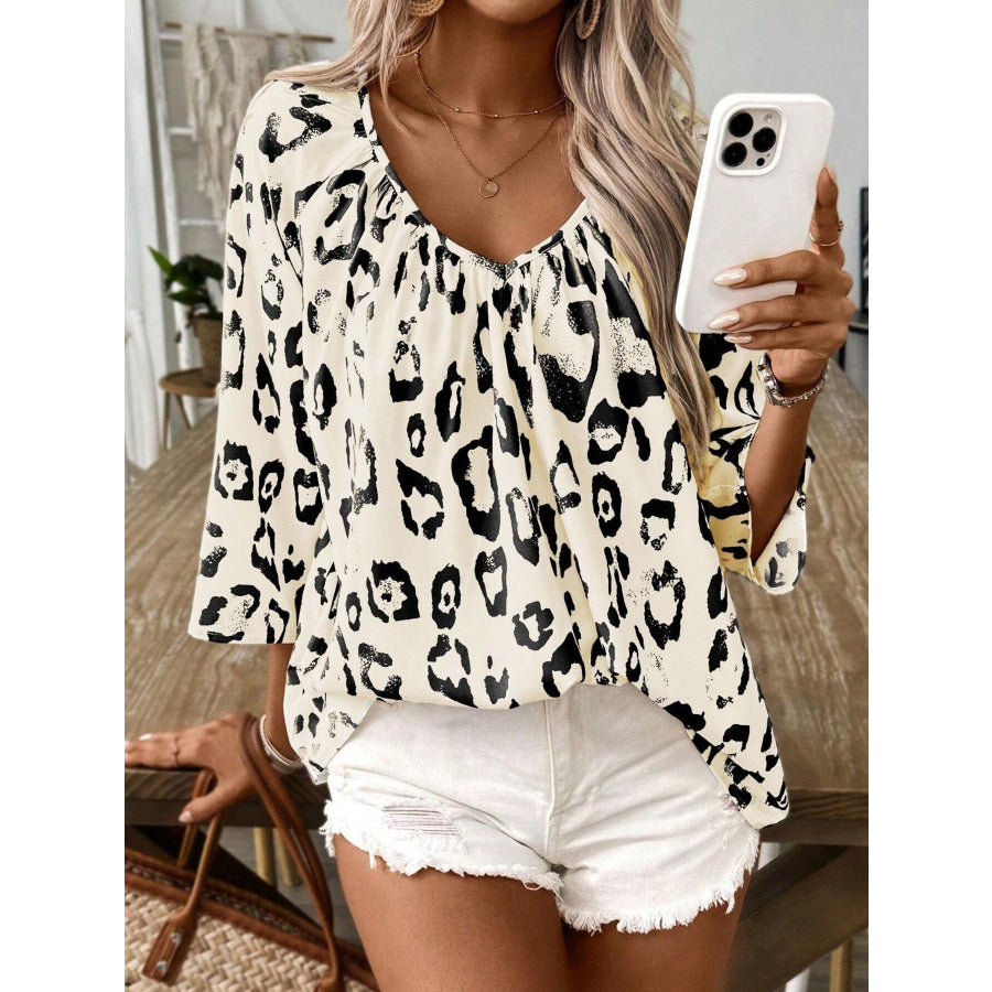 Leopard Print V-Neck Blouse Apparel and Accessories