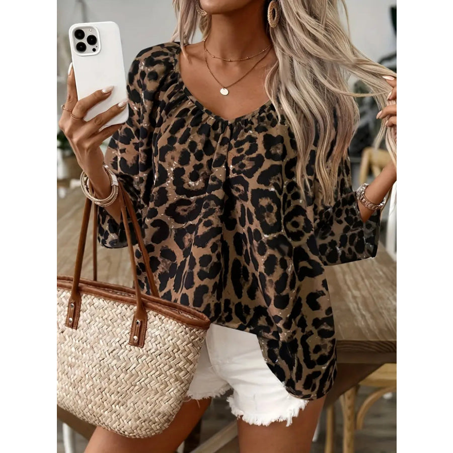 Leopard Print V-Neck Blouse Brown / S Apparel and Accessories