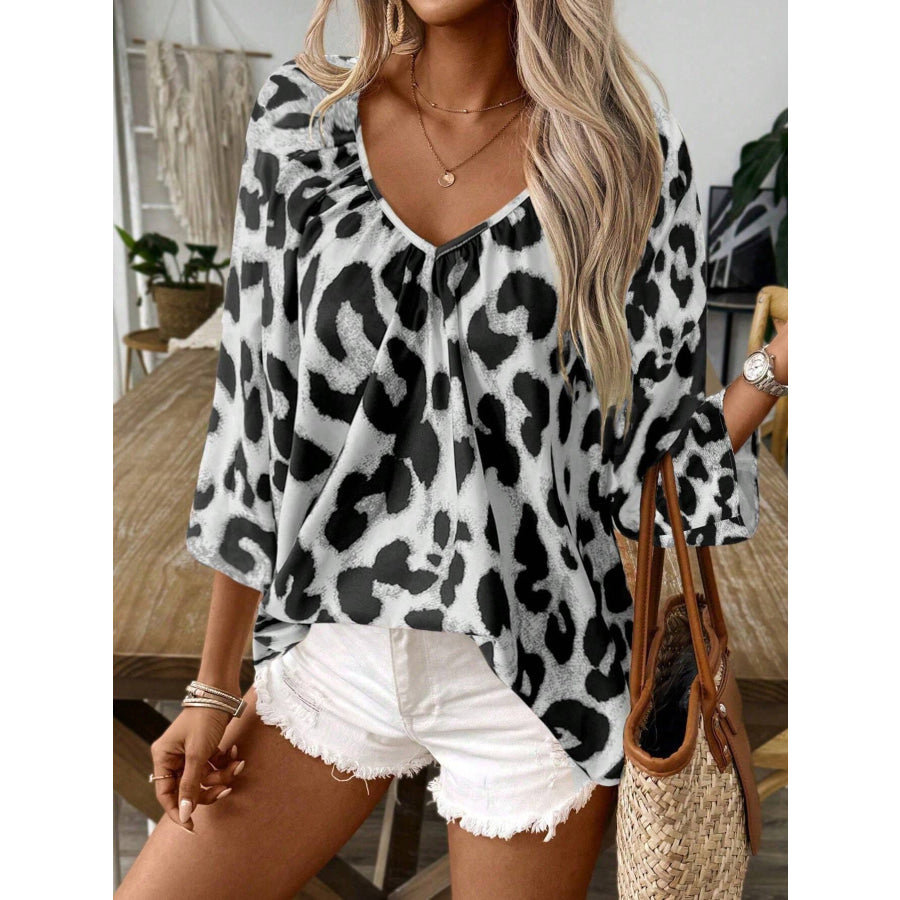 Leopard Print V-Neck Blouse Gray / S Apparel and Accessories