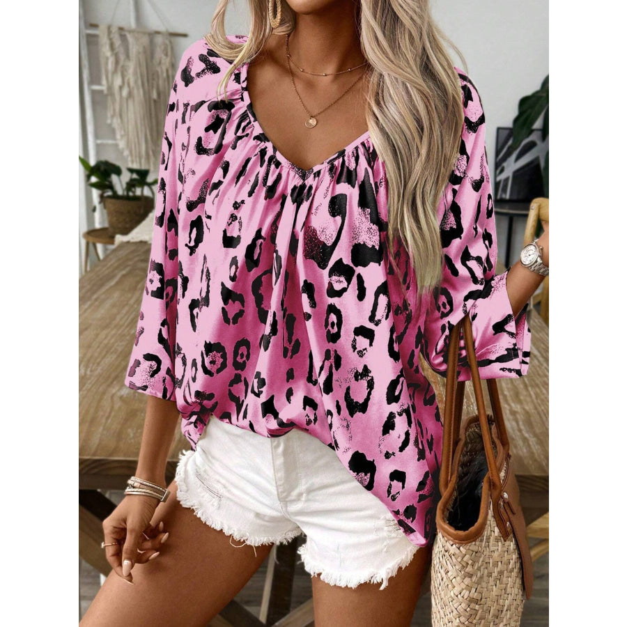 Leopard Print V-Neck Blouse Pink / S Apparel and Accessories