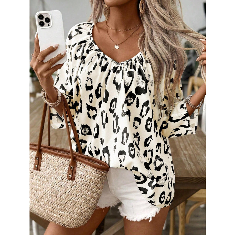 Leopard Print V-Neck Blouse White/Black / S Apparel and Accessories