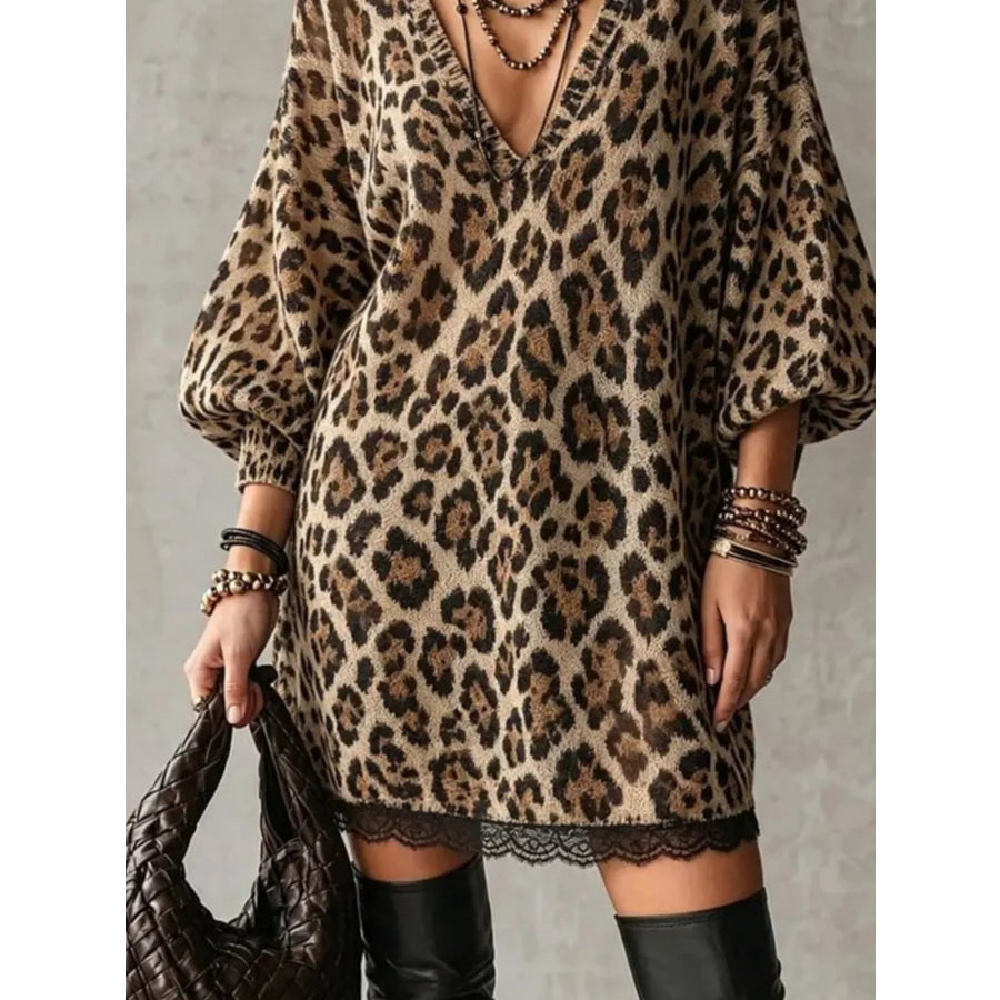 Leopard Print V-Neck Dress with Lace Hem Apparel and Accessories