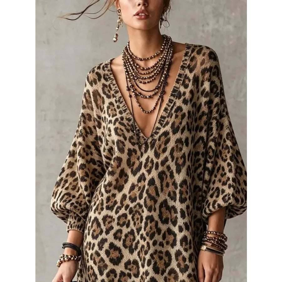 Leopard Print V-Neck Dress with Lace Hem Apparel and Accessories