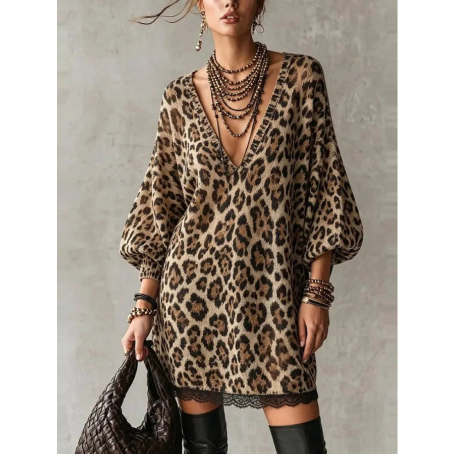 Leopard Print V-Neck Dress with Lace Hem / S Apparel and Accessories