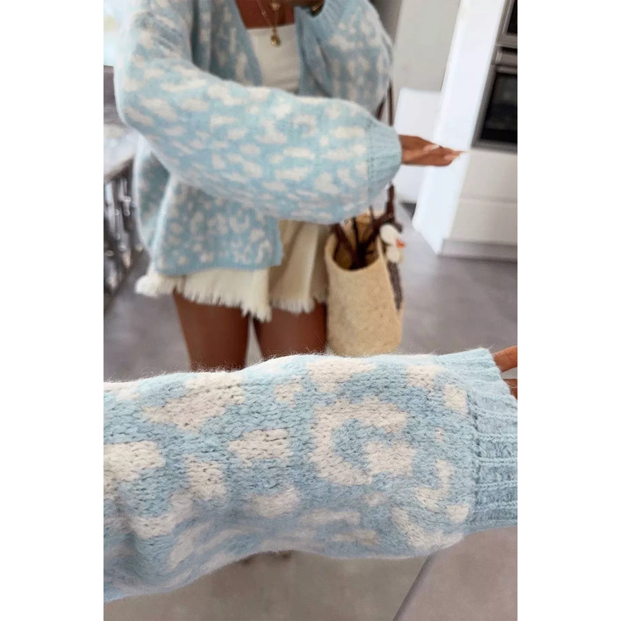 Leopard Print V Neck Long Sleeve Loose Fit Knit Cardigan Apparel and Accessories
