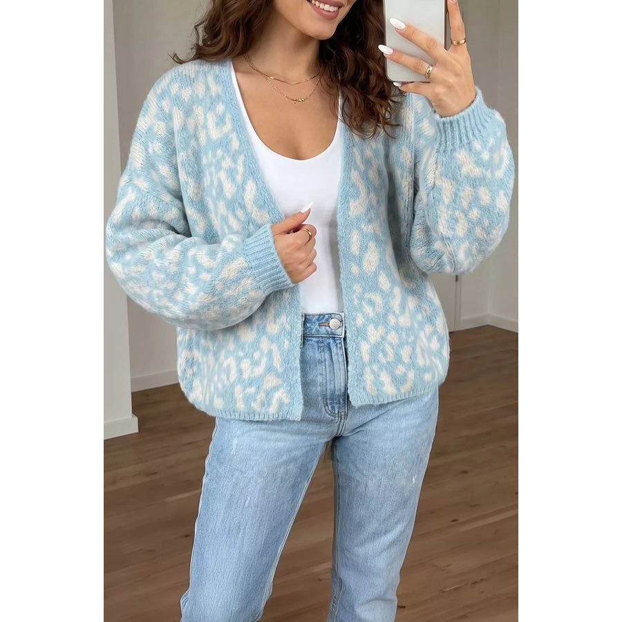 Leopard Print V Neck Long Sleeve Loose Fit Knit Cardigan Light Blue / S Apparel and Accessories