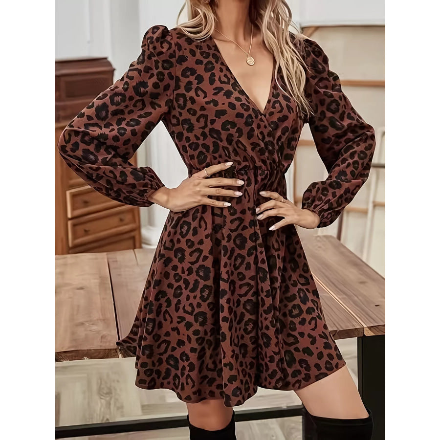 Leopard Print V-Neck Long Sleeve Mini Dress Apparel and Accessories