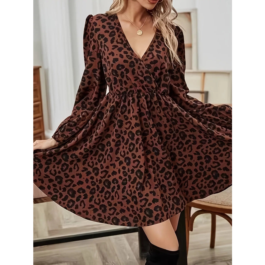 Leopard Print V-Neck Long Sleeve Mini Dress Apparel and Accessories