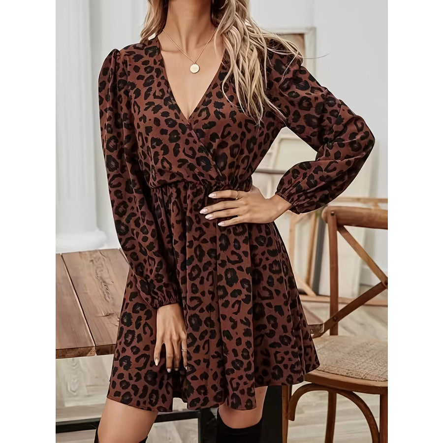 Leopard Print V-Neck Long Sleeve Mini Dress Brown / S Apparel and Accessories