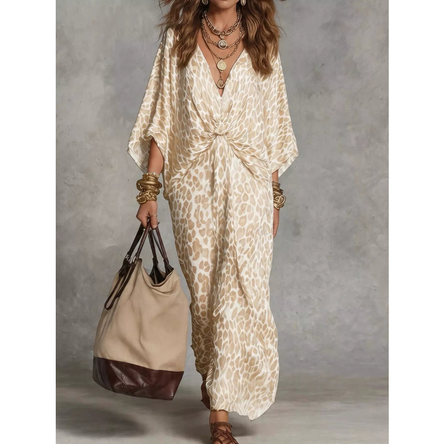 Leopard Print V-Neck Maxi Dress Beige / S Apparel and Accessories