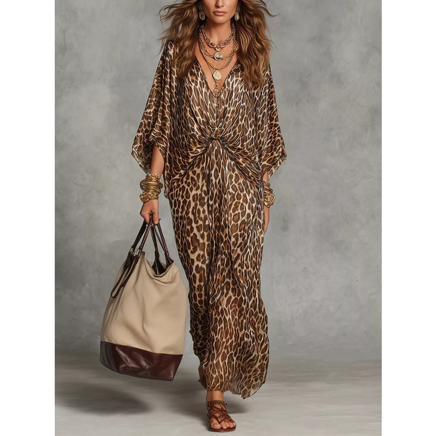 Leopard Print V-Neck Maxi Dress Brown / S Apparel and Accessories