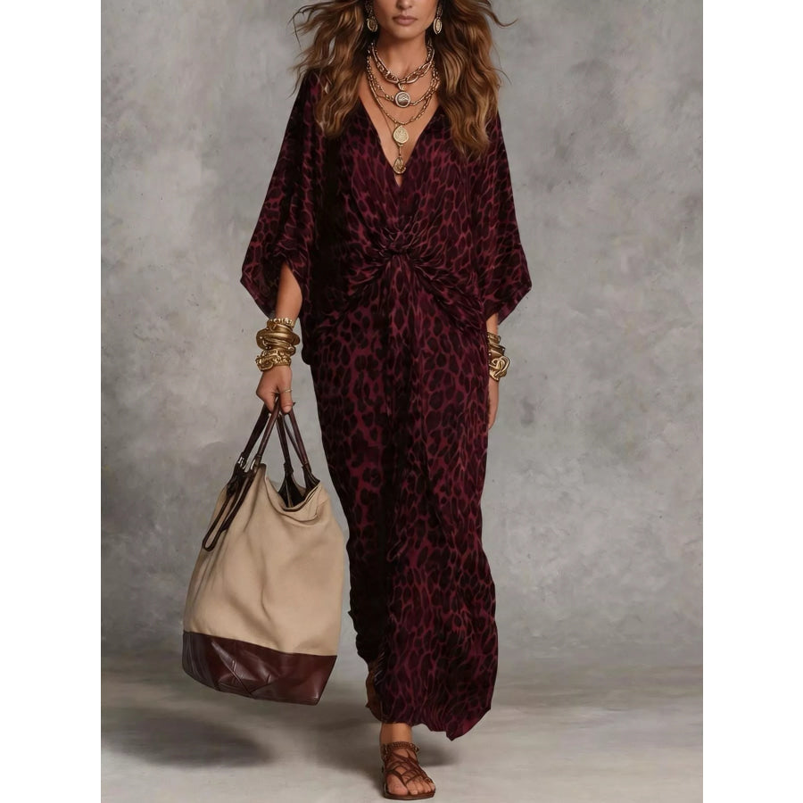 Leopard Print V-Neck Maxi Dress Deep Red / S Apparel and Accessories