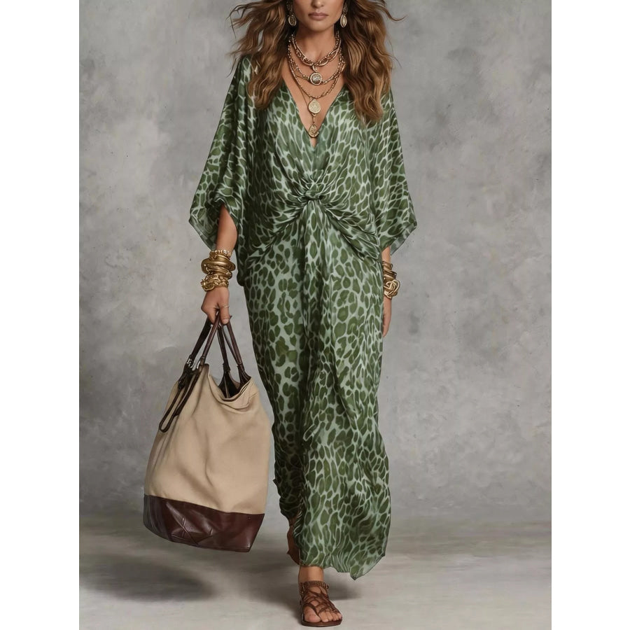 Leopard Print V-Neck Maxi Dress Green / S Apparel and Accessories