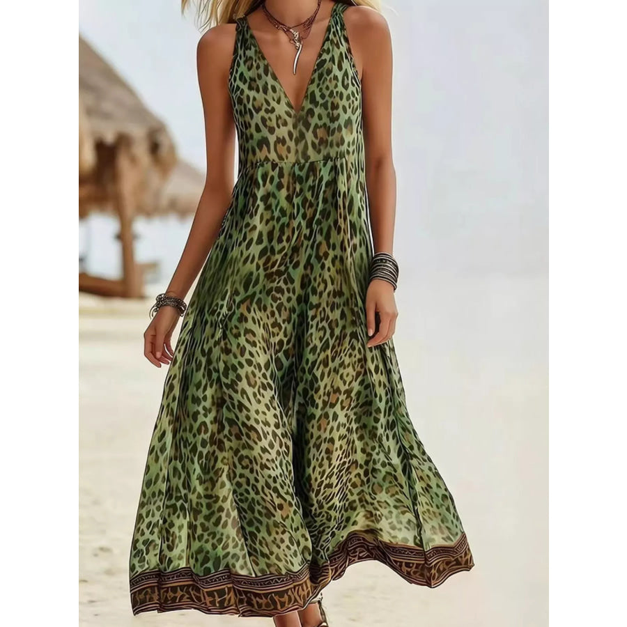 Leopard Print V-Neck Midi Dress Apparel and Accessories