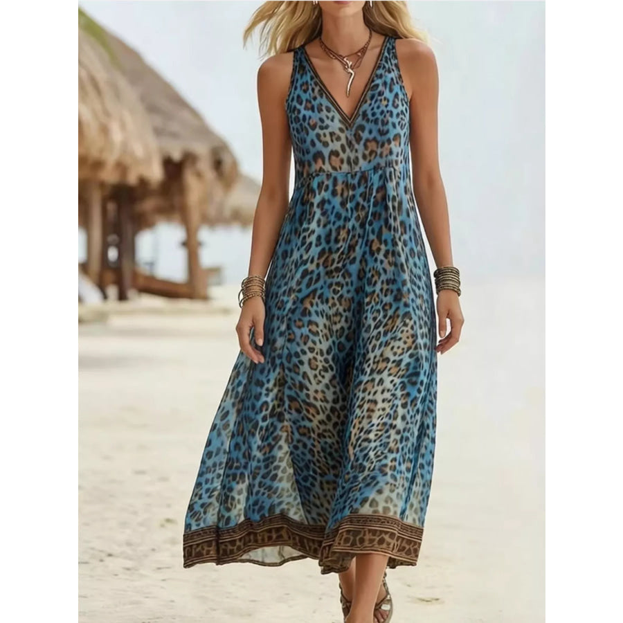 Leopard Print V-Neck Midi Dress Apparel and Accessories