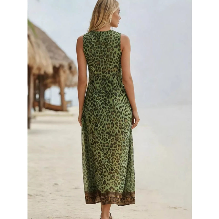 Leopard Print V-Neck Midi Dress Apparel and Accessories