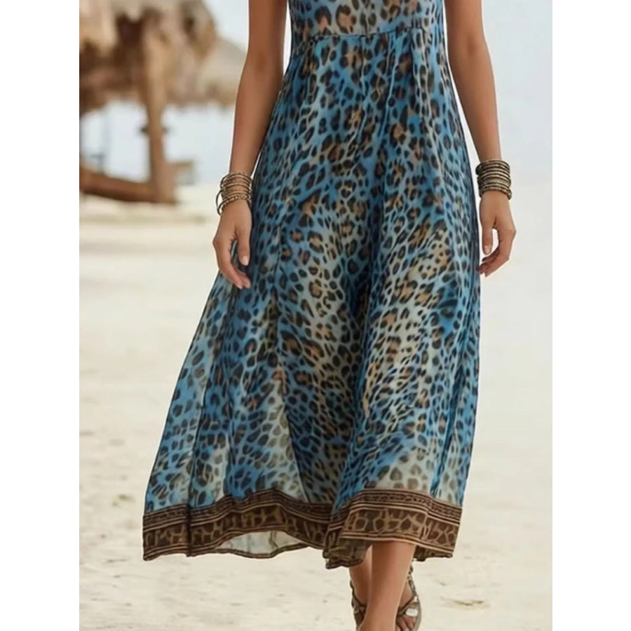 Leopard Print V-Neck Midi Dress Apparel and Accessories