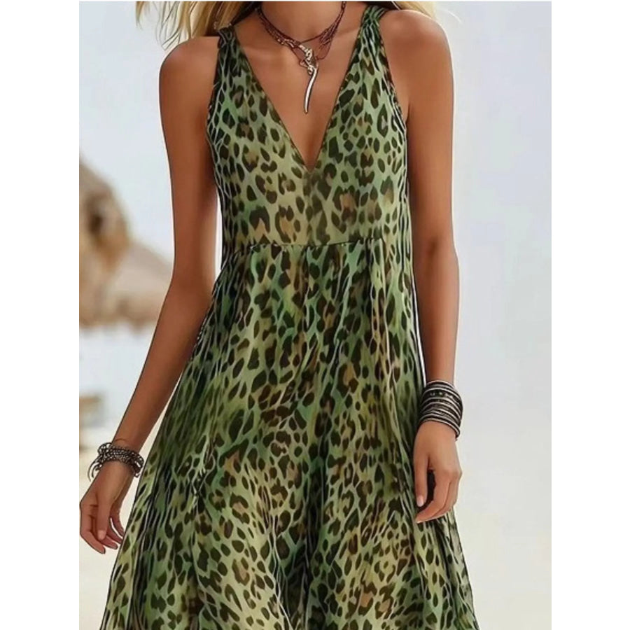 Leopard Print V-Neck Midi Dress Dark Green / S Apparel and Accessories