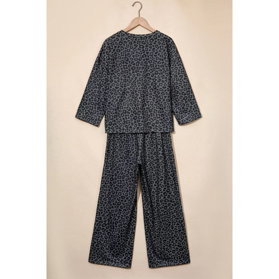 Leopard Print Varsity Striped Detail 3/4 Sleeve Top Shift Pant Set Apparel and Accessories