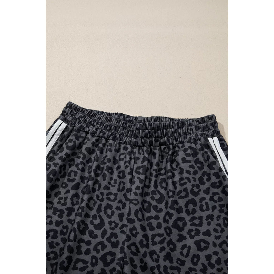 Leopard Print Varsity Striped Detail 3/4 Sleeve Top Shift Pant Set Apparel and Accessories