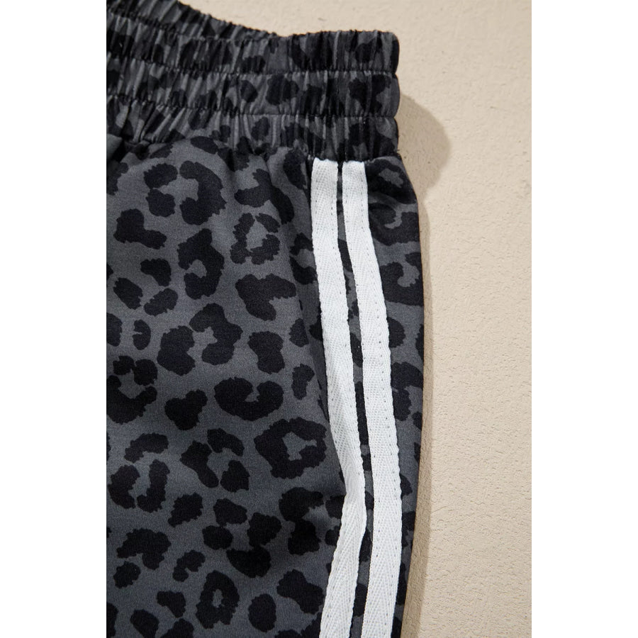 Leopard Print Varsity Striped Detail 3/4 Sleeve Top Shift Pant Set Apparel and Accessories