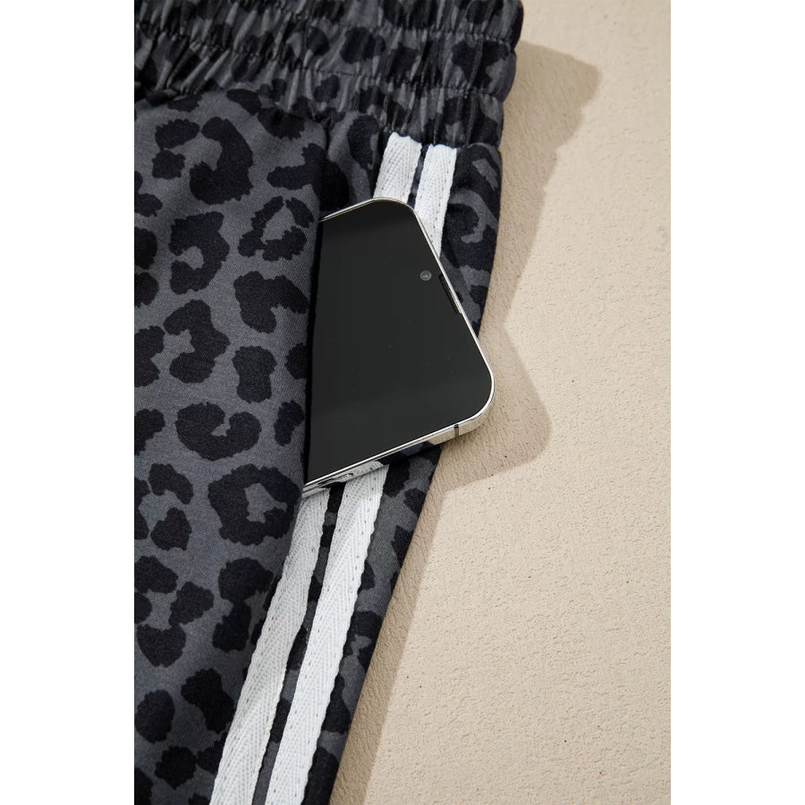 Leopard Print Varsity Striped Detail 3/4 Sleeve Top Shift Pant Set Apparel and Accessories