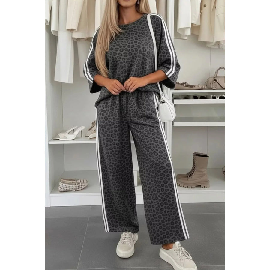Leopard Print Varsity Striped Detail 3/4 Sleeve Top Shift Pant Set Apparel and Accessories