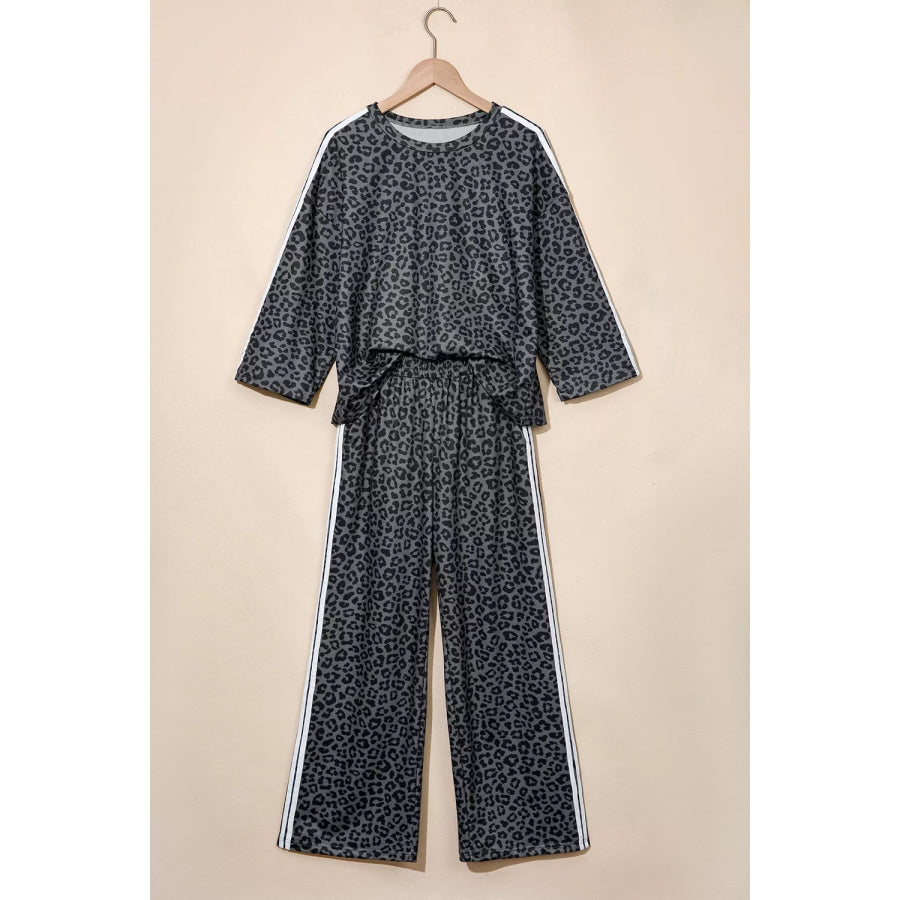 Leopard Print Varsity Striped Detail 3/4 Sleeve Top Shift Pant Set Apparel and Accessories