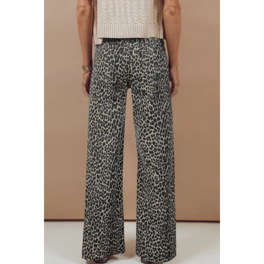 Leopard Print Wide Leg High Waist Jeans Black / 4 Apparel and Accessories