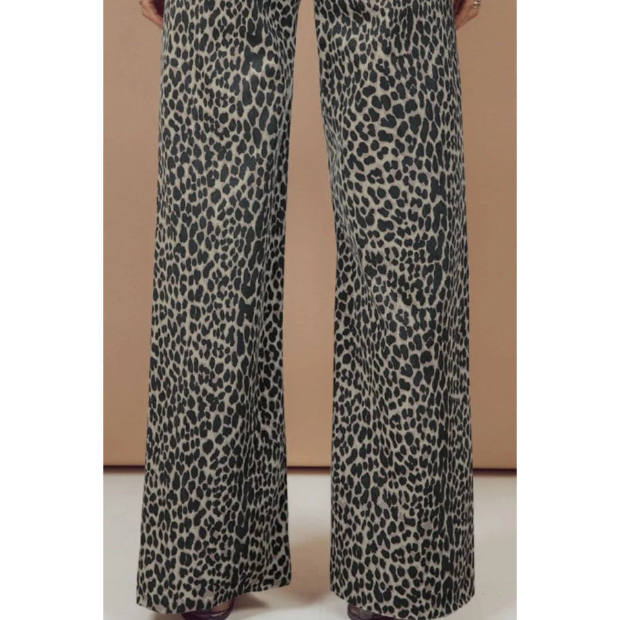 Leopard Print Wide Leg High Waist Jeans Apparel and Accessories