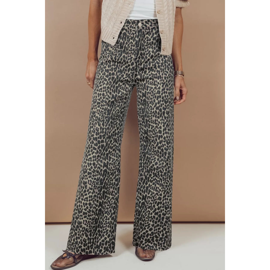 Leopard Print Wide Leg High Waist Jeans Black / 4 Apparel and Accessories