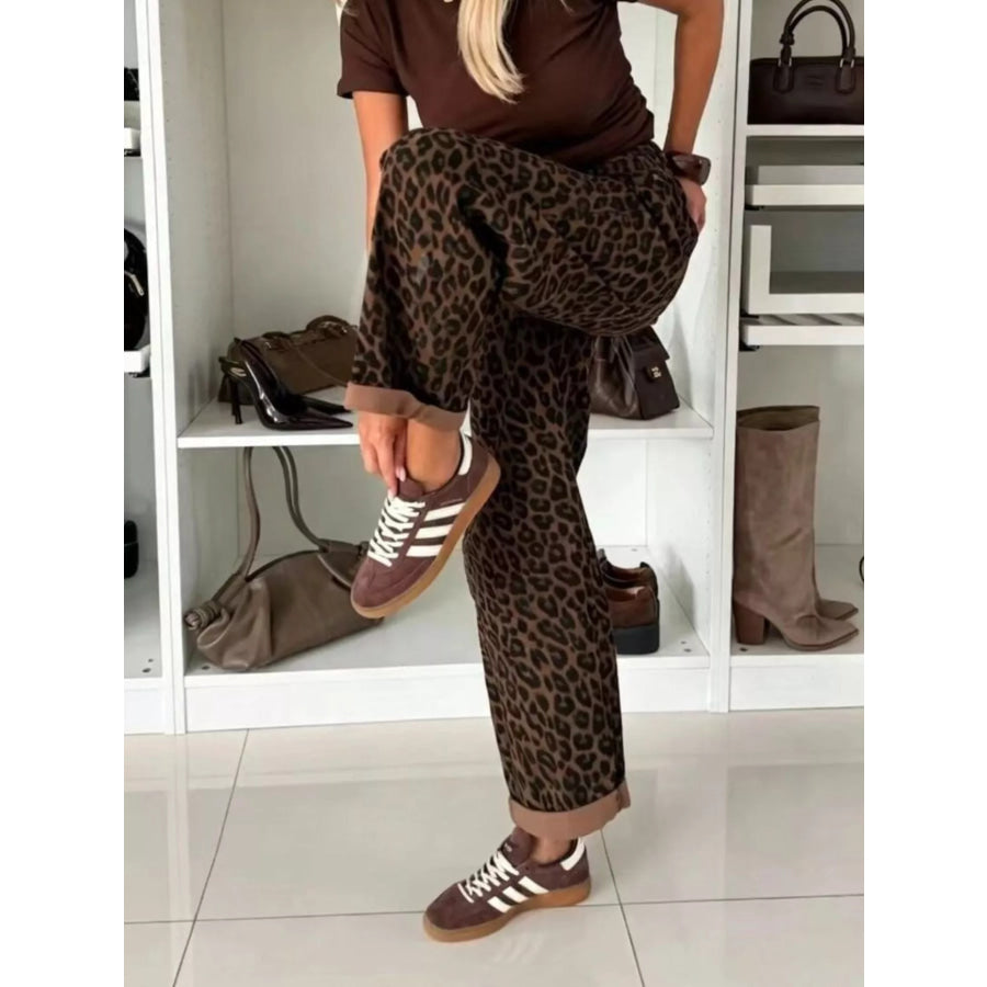 Leopard Print Wide-Leg Jeans Apparel and Accessories
