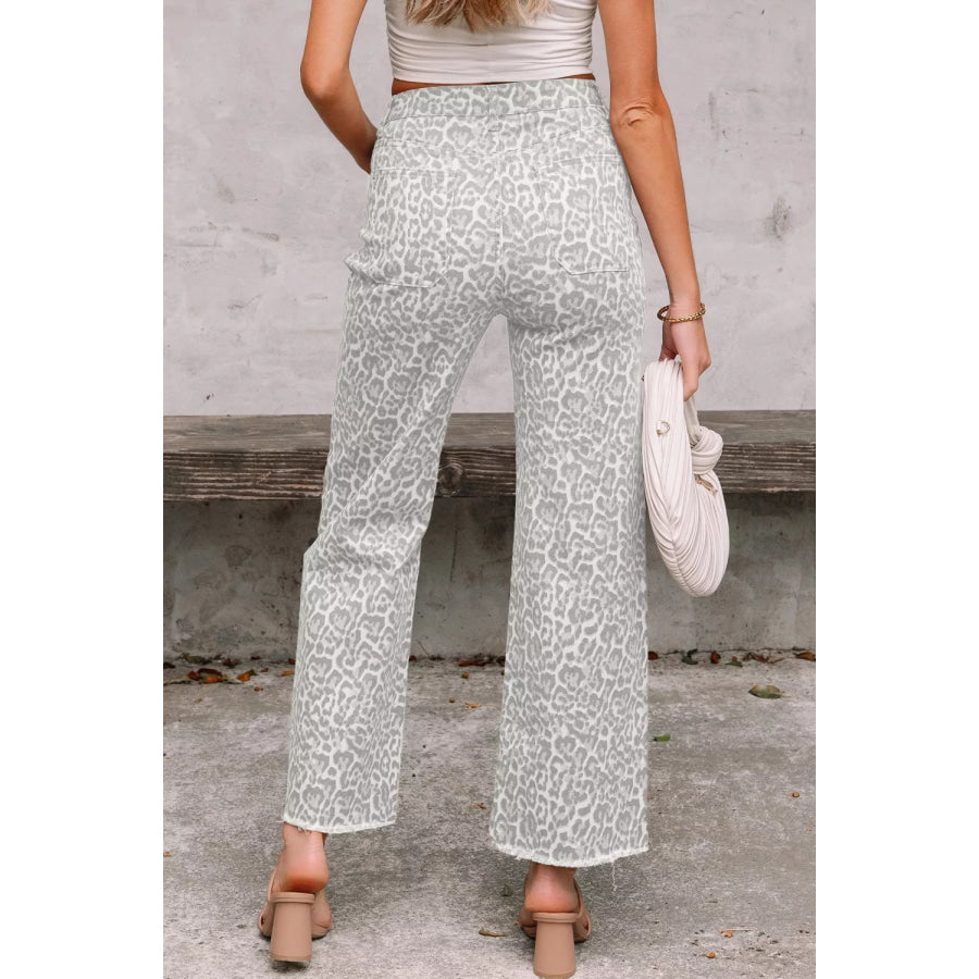 Leopard Print Wide Leg Jeans White / 4 Apparel and Accessories