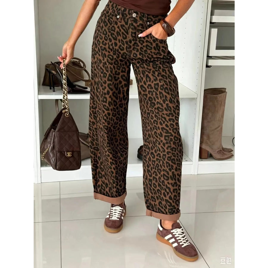 Leopard Print Wide-Leg Jeans Apparel and Accessories