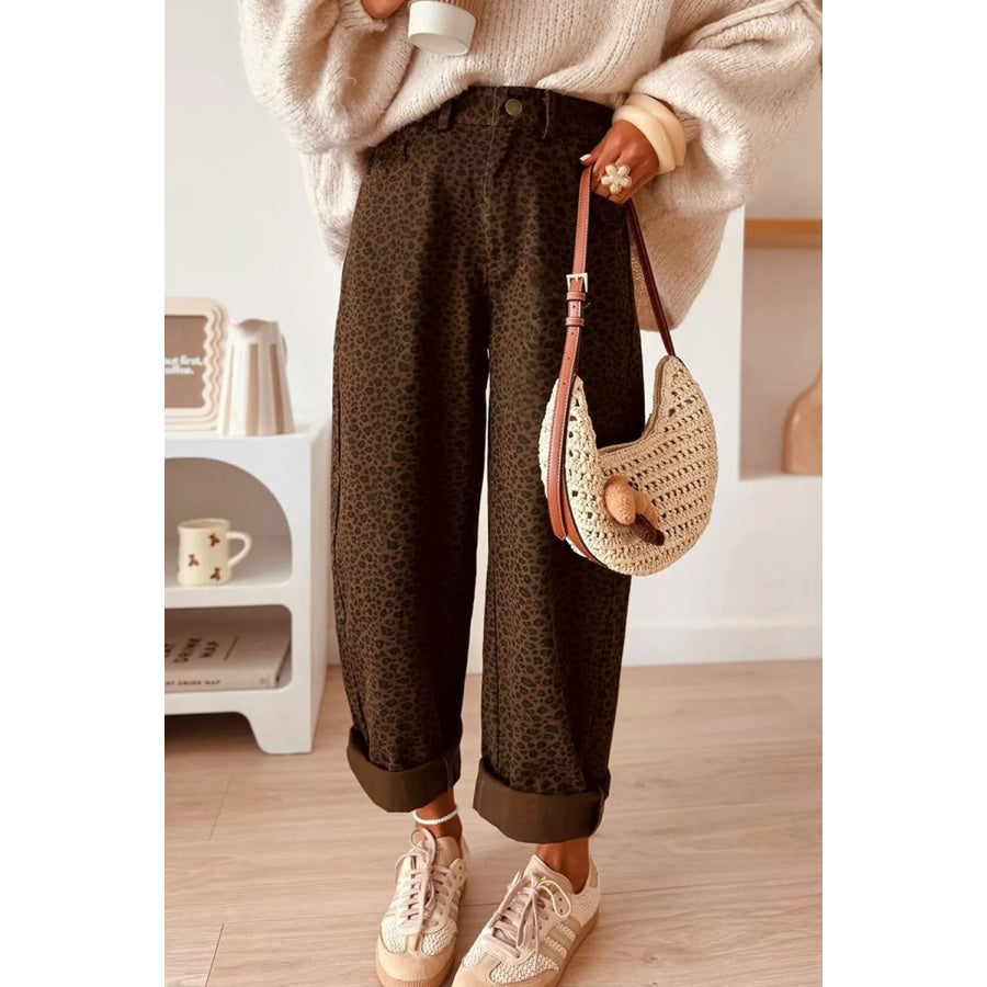 Leopard Print Wide-Leg Jeans Coffee Brown / 4 Apparel and Accessories