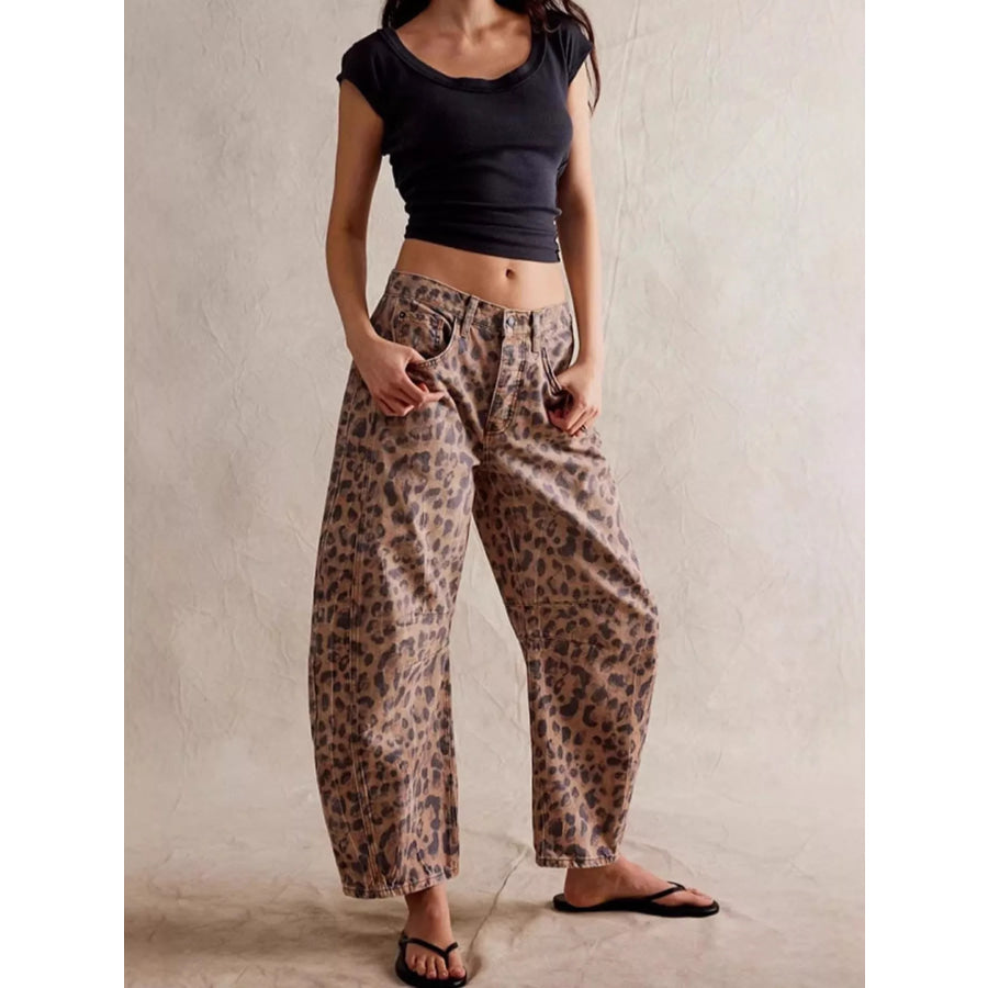 Leopard Print Wide Leg Jeans Leopard / S Apparel and Accessories