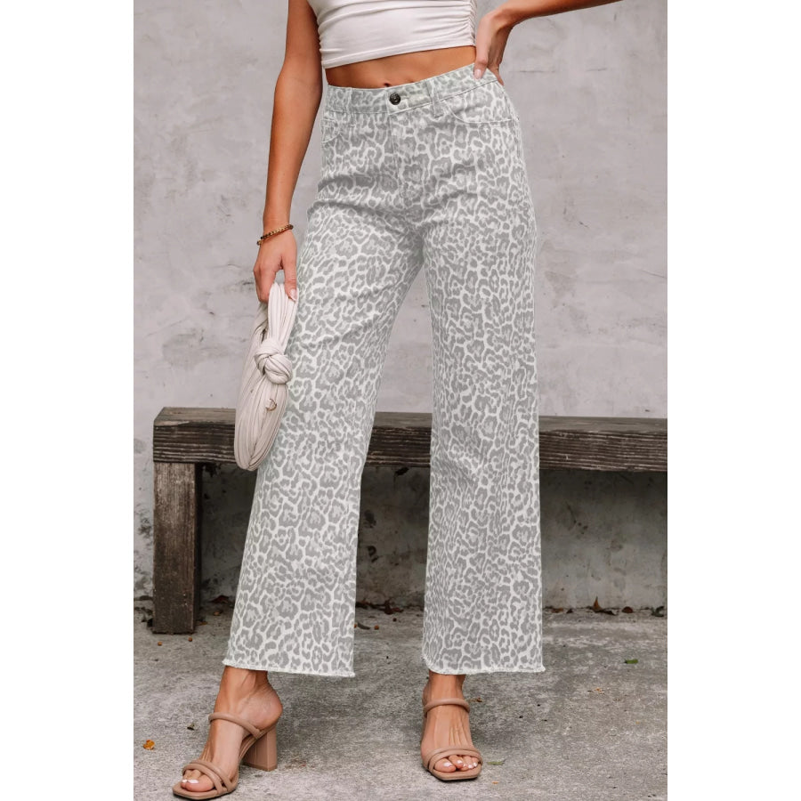 Leopard Print Wide Leg Jeans White / 4 Apparel and Accessories