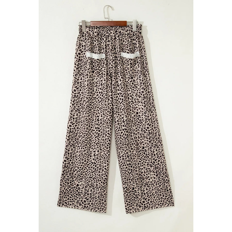 Leopard Print Wide-Leg Pants with Drawstring Apparel and Accessories