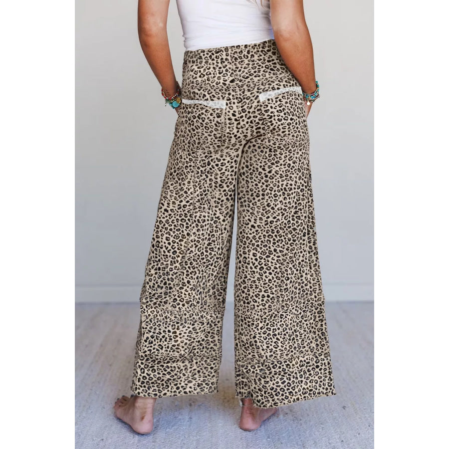 Leopard Print Wide-Leg Pants with Drawstring Apparel and Accessories