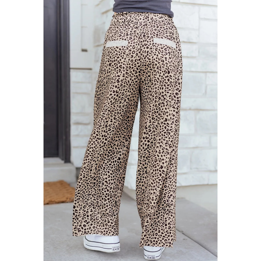 Leopard Print Wide-Leg Pants with Drawstring Apparel and Accessories