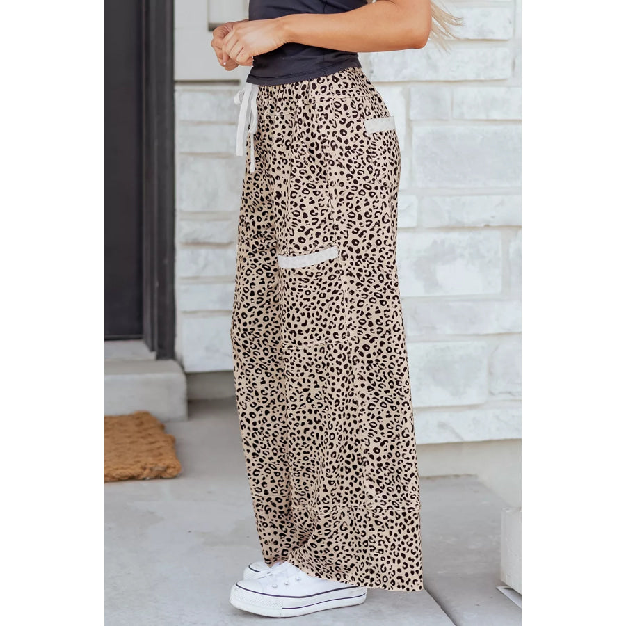 Leopard Print Wide-Leg Pants with Drawstring Apparel and Accessories