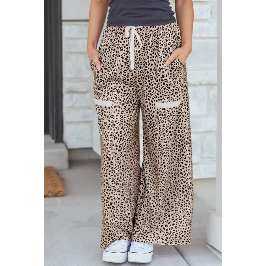 Leopard Print Wide-Leg Pants with Drawstring Apparel and Accessories