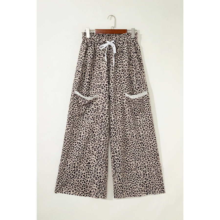 Leopard Print Wide-Leg Pants with Drawstring Apparel and Accessories