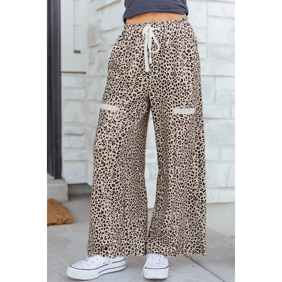 Leopard Print Wide-Leg Pants with Drawstring Apparel and Accessories