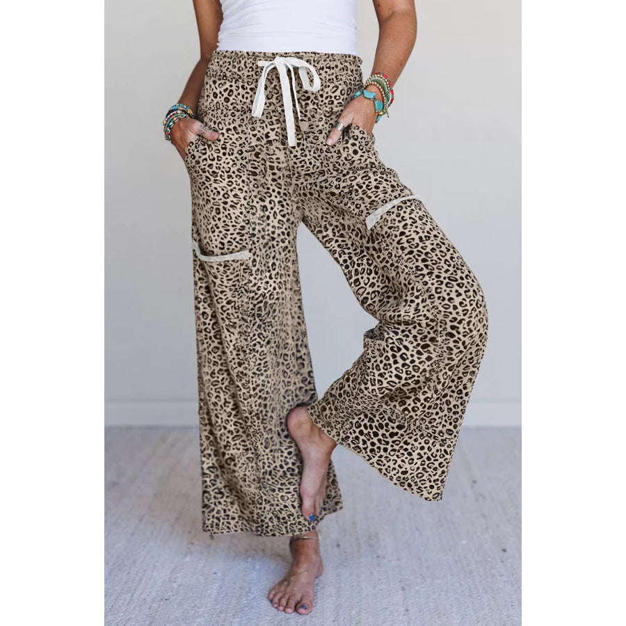 Leopard Print Wide-Leg Pants with Drawstring / S Apparel and Accessories