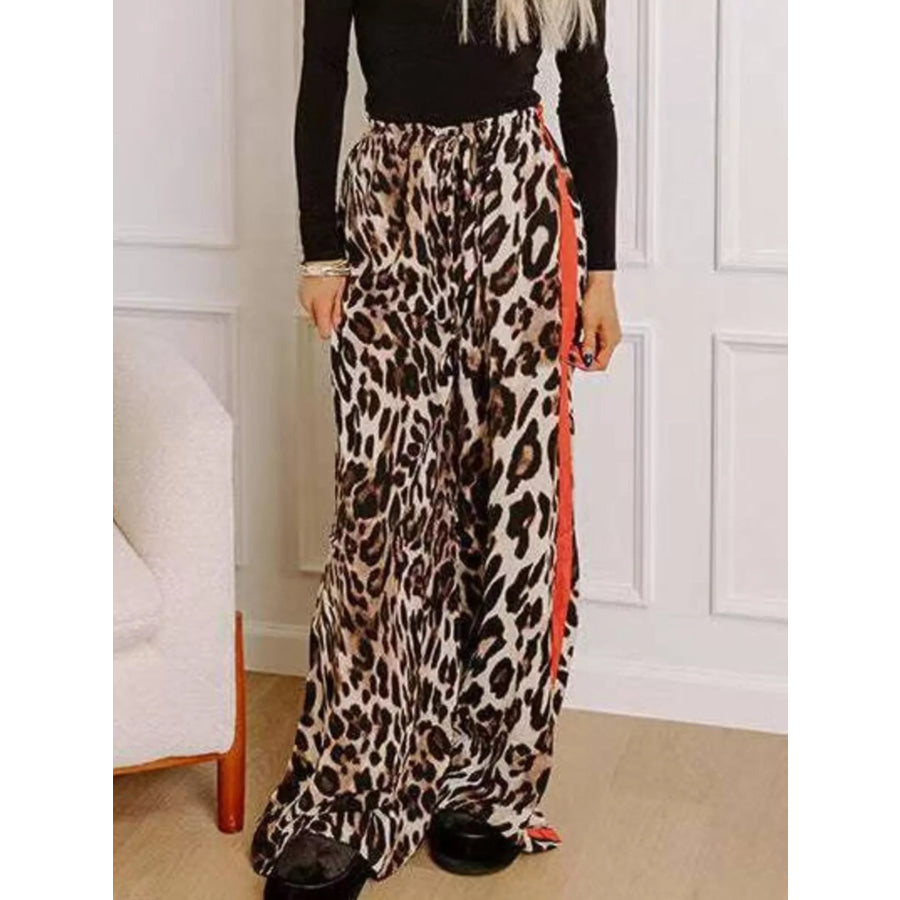 Leopard Print Wide Leg Pants with Side Stripe Earthy Yellow / S Apparel and Accessories
